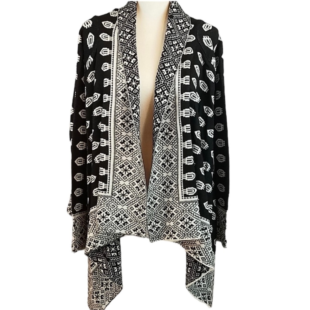 I Jeans by Buffalo Black & White Tribal Print Open Front Cardigan Sweater Medium